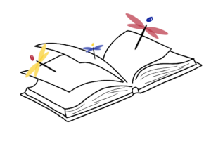 livre-ouvert-cote-libellules-1 Livre ouvert avec des libellules qui s'envolent du livre